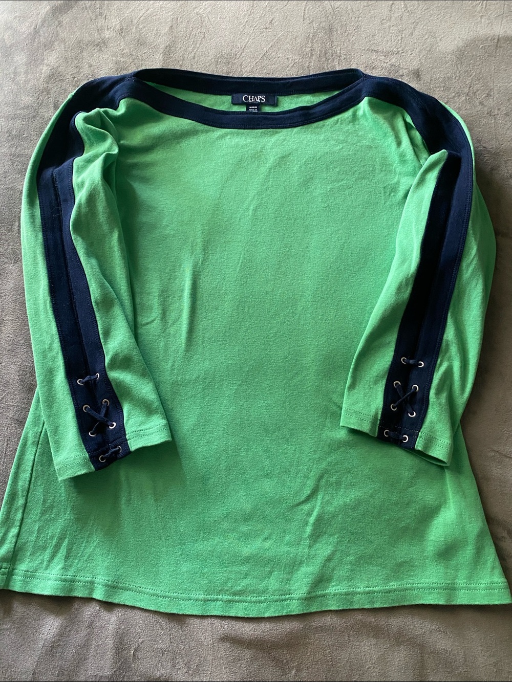 Chaps Green and Navy 3/4 length Lace-Up Sleeve Tee